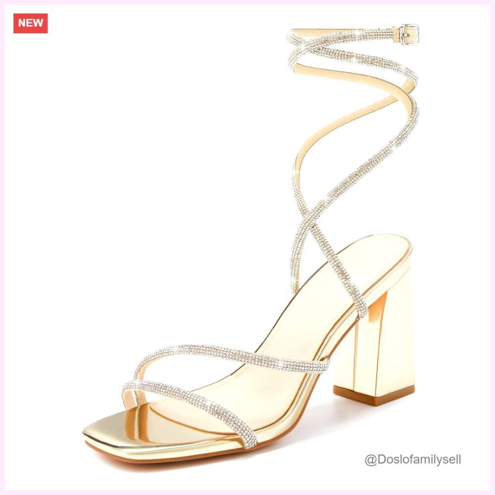 Chunky Heel Rhinestone Sandals Lace Up Square Toe Wedding Party Shoes